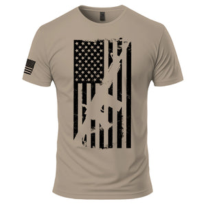 2A American Flag T-Shirt in Brown Savana, front view: distressed black American flag with an AR-15 rifle silhouette cut through the stripes, American flag on the right sleeve
