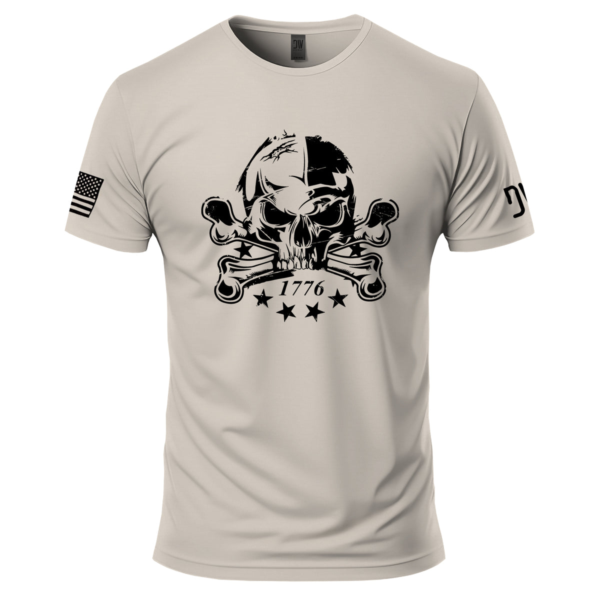 Beige t-shirt with skull and crossbones design on a white background