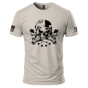 Beige t-shirt with skull and crossbones design on a white background