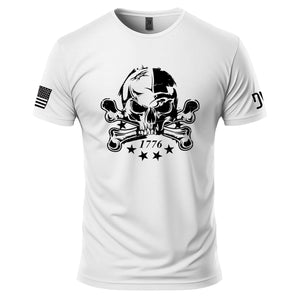 White t-shirt with skull and crossbones design on a white background