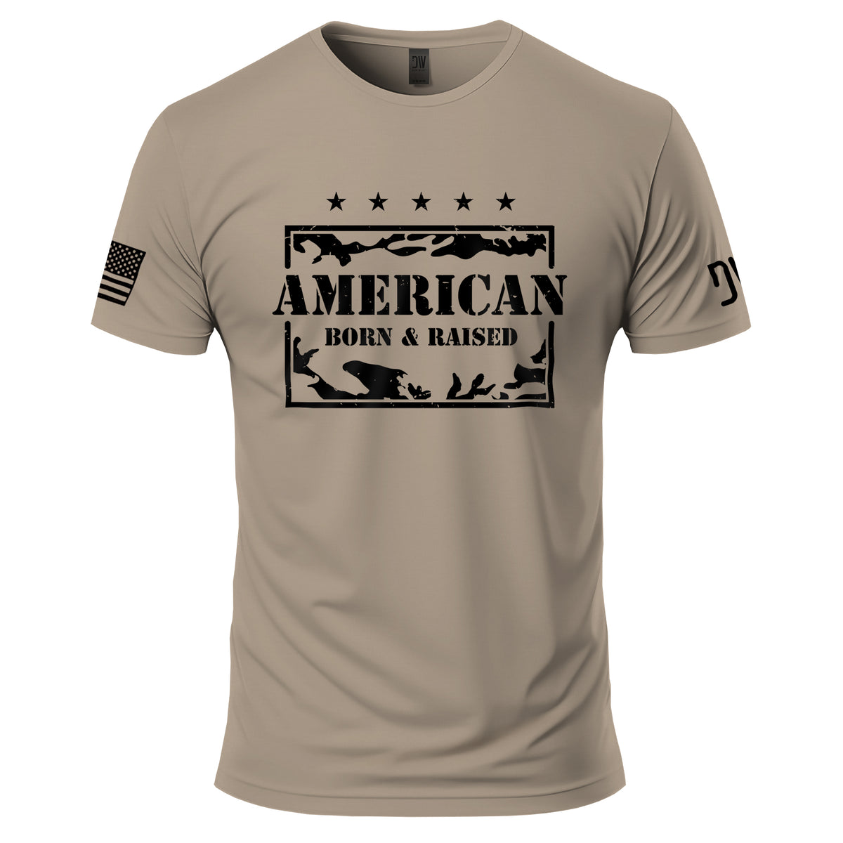 Beige t-shirt with 'American Born & Raised' graphic on a white background