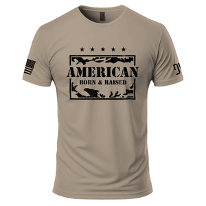 Beige t-shirt with 'American Born & Raised' graphic on a white background