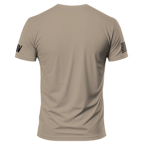 Beige t-shirt with sleeve logos on a white background