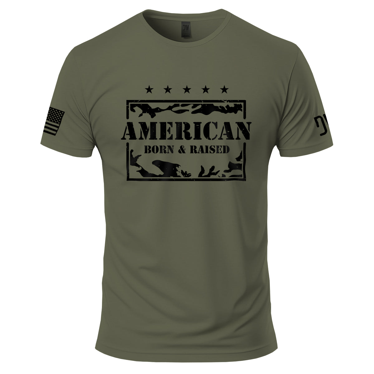 Green t-shirt with 'American Born & Raised' text and graphic on a white background