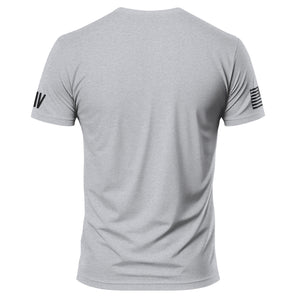 Gray t-shirt with black logo on sleeves against a white background