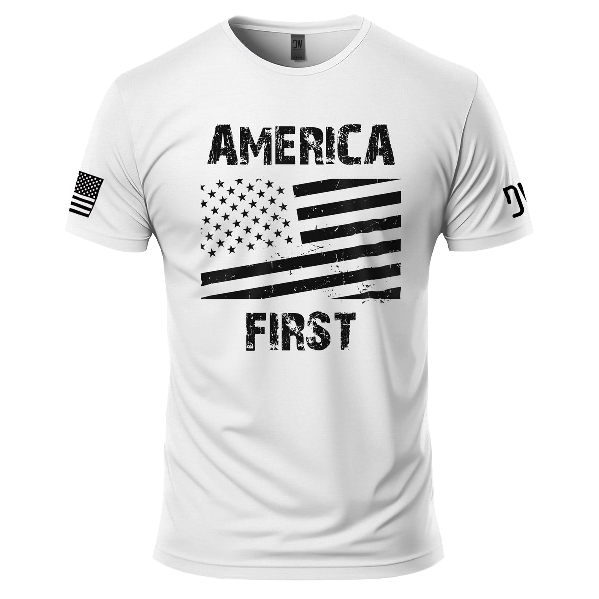 White t-shirt with black American flag and 'America First' text on a white background