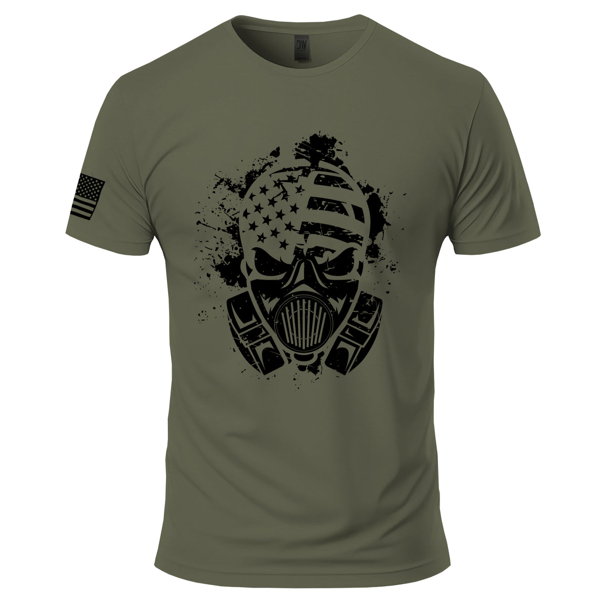 American Fighter Skull T-Shirt in Military Green, front: a gas mask skull with the stars and stripes across its cranium and black ink splatter; American flag on the right sleeve