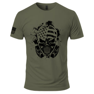 American Fighter Skull T-Shirt in Military Green, front: a gas mask skull with the stars and stripes across its cranium and black ink splatter; American flag on the right sleeve