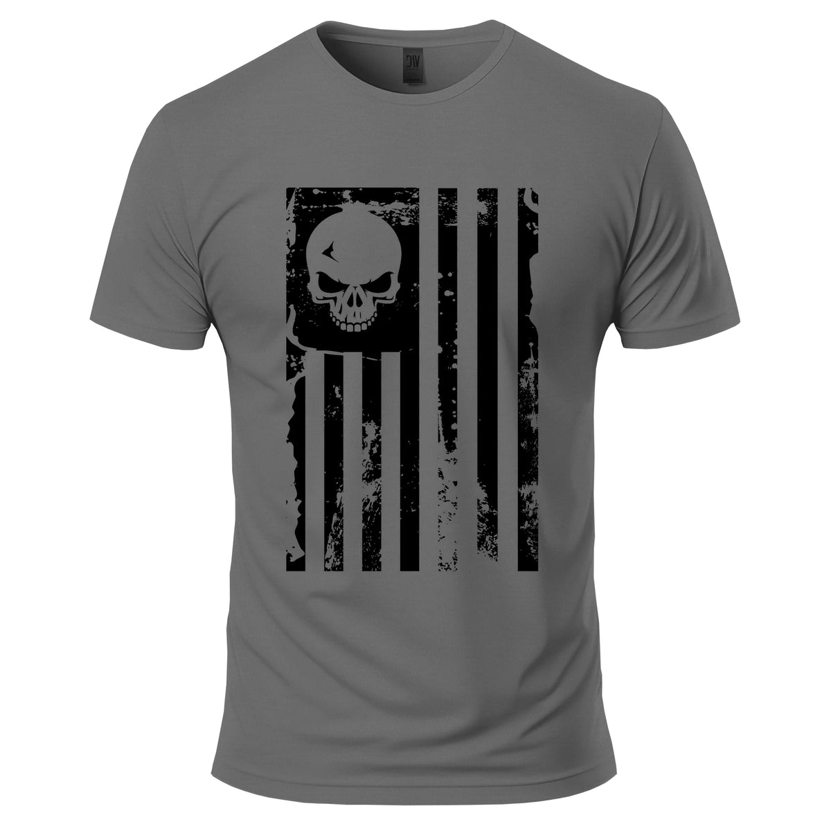 American Flag Skull T-Shirt in Charcoal, front: a large black American flag with a skull in place of the stars and a distressed finish