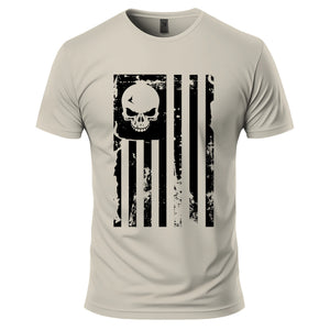 American Flag Skull T-Shirt in Sand, front: a large black American flag with a skull in place of the stars and a distressed finish