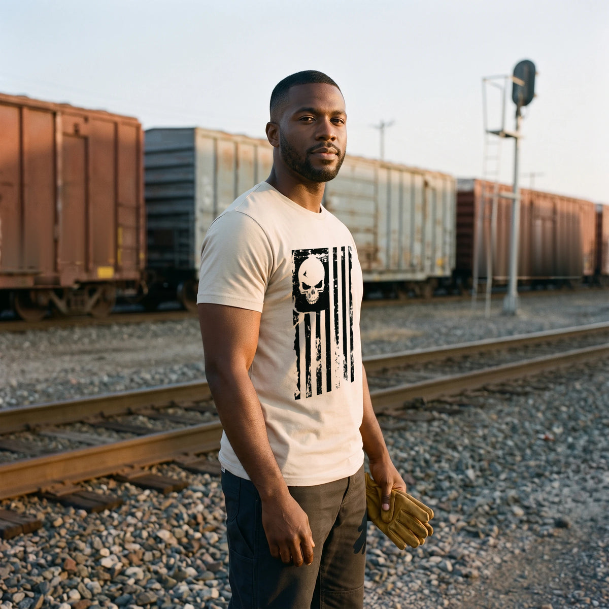 Man in a freight rail yard on a clear morning, turned to the side with work gloves in hand, wearing the American Flag Skull T-Shirt in Sand with the black skull flag printed large on the front