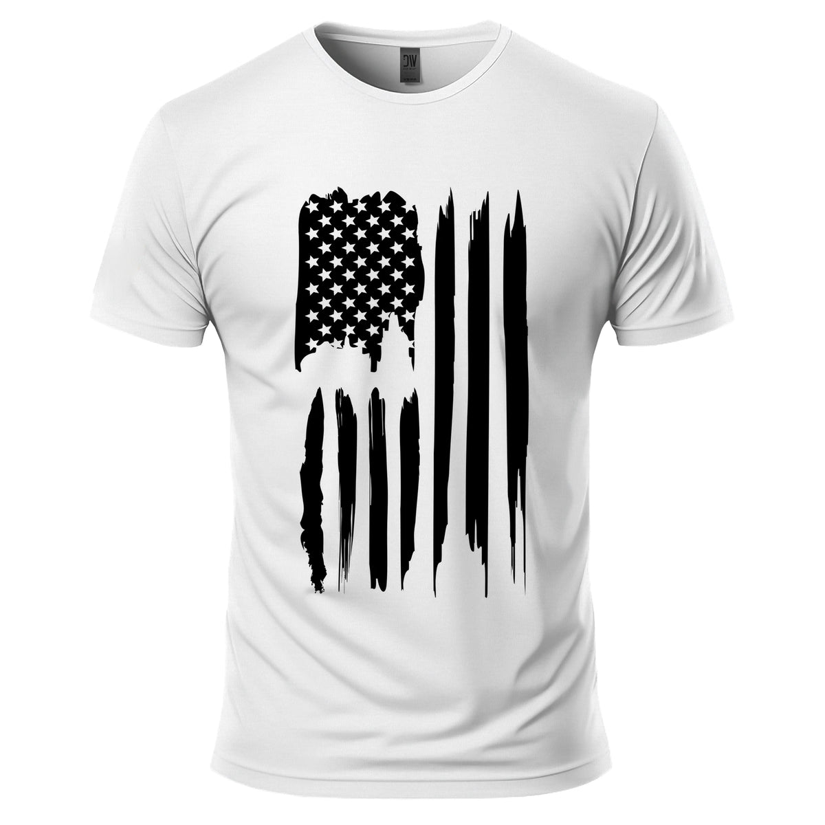 American Flag T-Shirt in White, front: a tall vertical American flag printed in black with a weathered brush-stroke finish