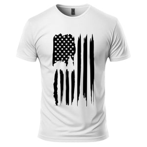 American Flag T-Shirt in White, front: a tall vertical American flag printed in black with a weathered brush-stroke finish