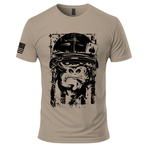 American Gorilla Ace of Spades T-Shirt in Brown Savana, front: a gorilla in a WWII-style army helmet with an ace of spades in the band and a cigar, over a distressed American flag, in black; American flag on the right sleeve