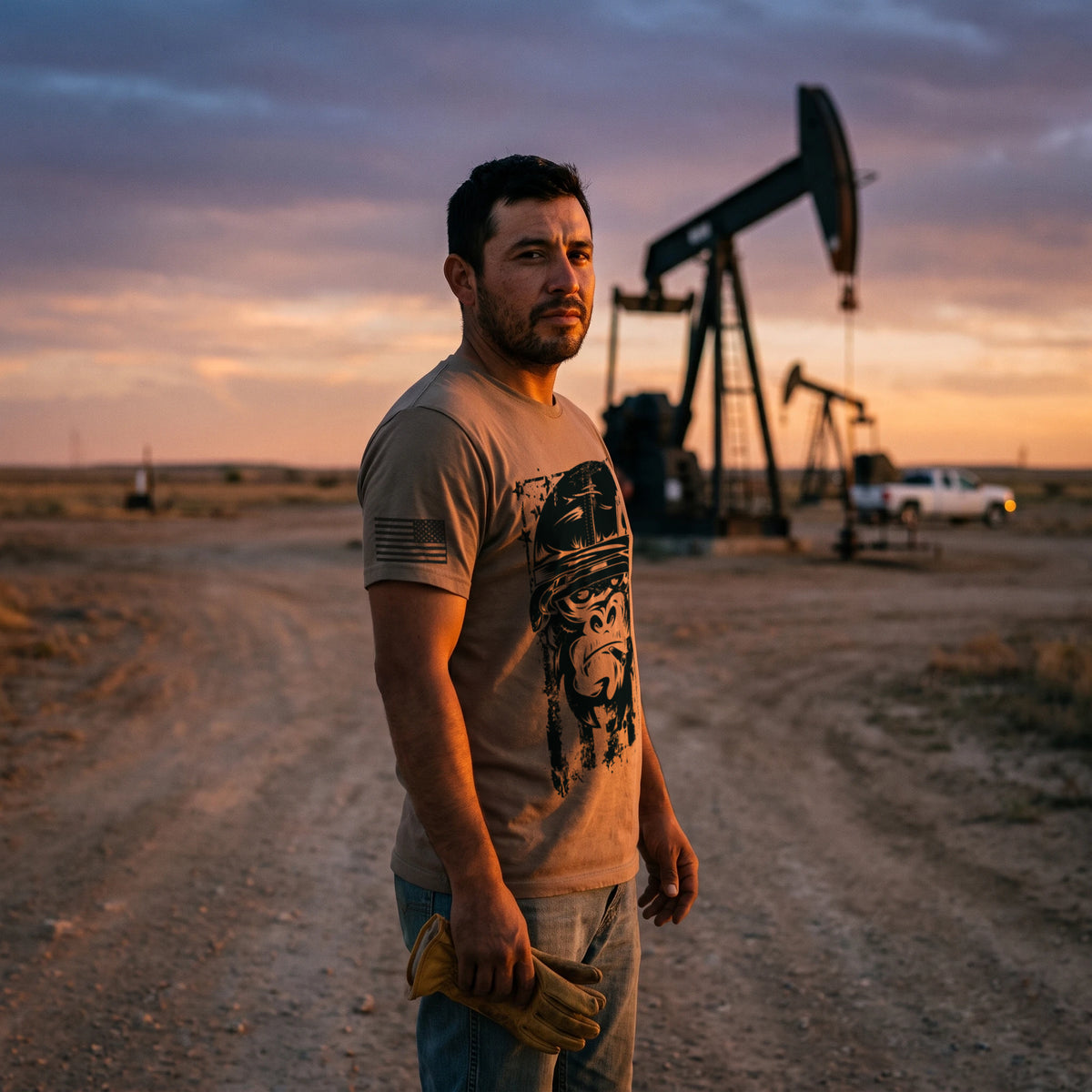 Man on a dusty oilfield road at dusk beside a pumpjack, turned to the side with work gloves in hand, wearing the American Gorilla Ace of Spades T-Shirt in Brown Savana with the black gorilla graphic and a flag on the right sleeve