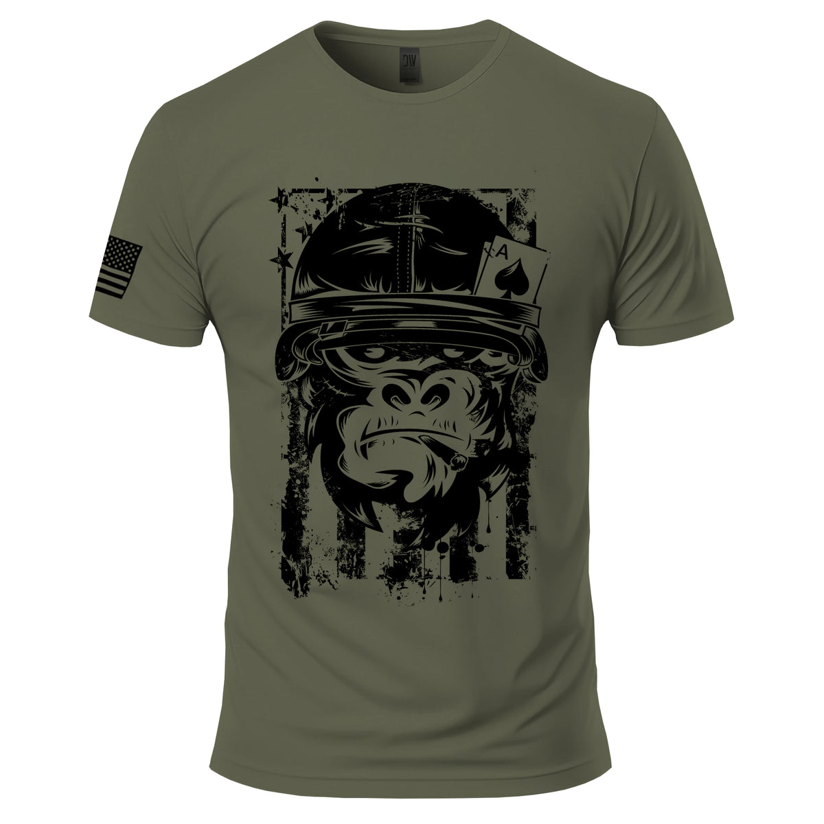 American Gorilla Ace of Spades T-Shirt in Military Green, front: a gorilla in a WWII-style army helmet with an ace of spades in the band and a cigar, over a distressed American flag, in black; American flag on the right sleeve