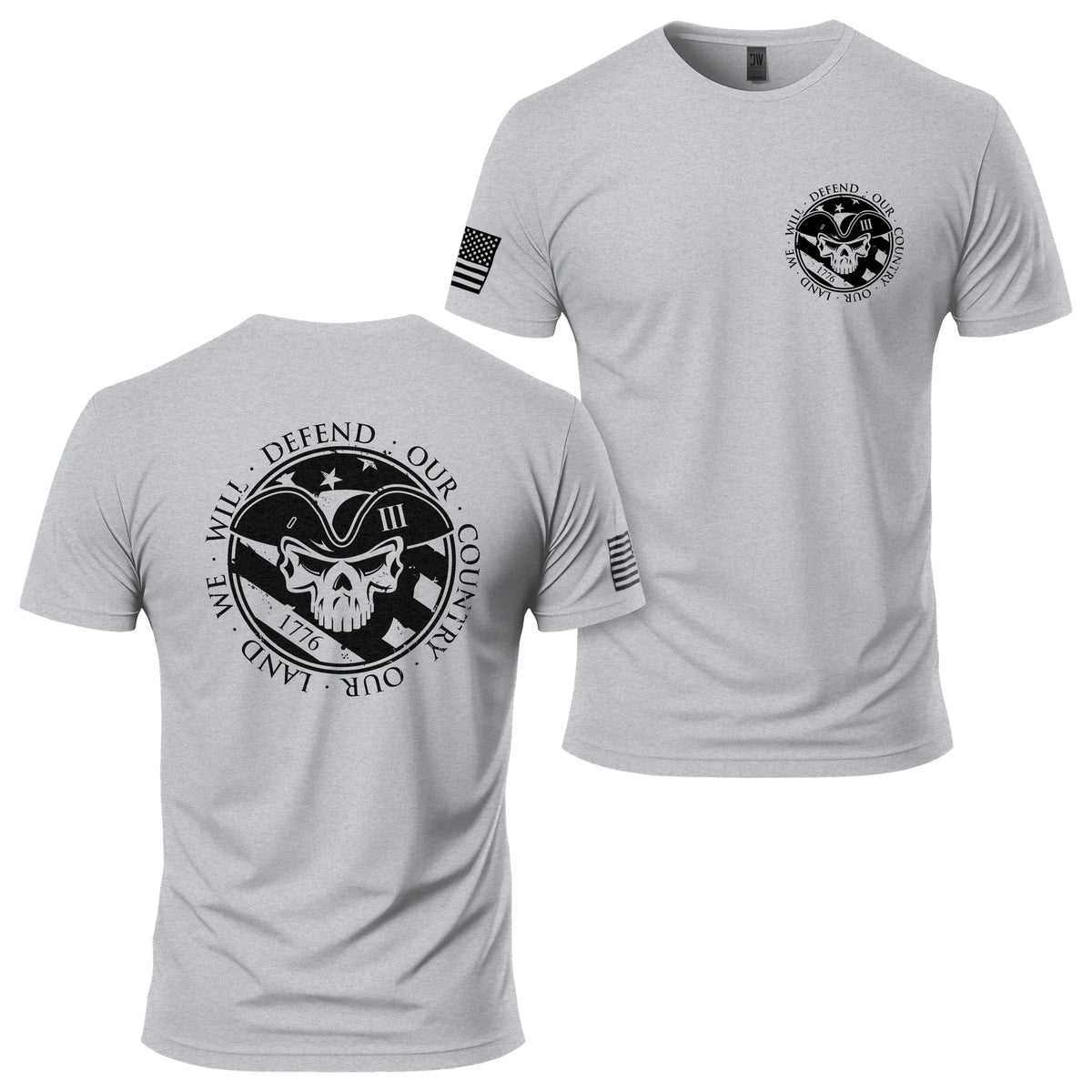 American Patriot T-Shirt in Ash Grey, back and front: 1776 patriot skull seal reading WE WILL DEFEND OUR COUNTRY · OUR LAND printed large on the back, small matching seal on the left chest, American flag on the right sleeve