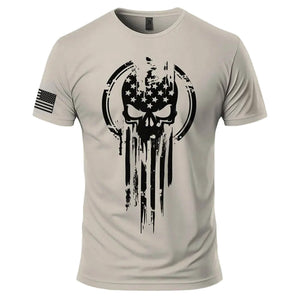 Men's American Warrior Skull T-Shirt in Sand, front view: distressed skull and flag chest print, American flag on the right sleeve