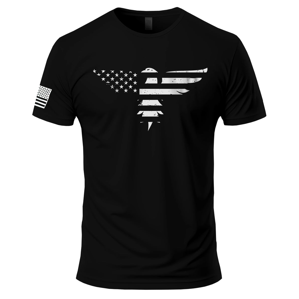 Bald Eagle T-Shirt in Black, front: an eagle with spread wings formed from the stars and stripes of the American flag, distressed white print, American flag on the right sleeve