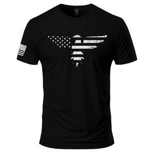 Bald Eagle T-Shirt in Black, front: an eagle with spread wings formed from the stars and stripes of the American flag, distressed white print, American flag on the right sleeve