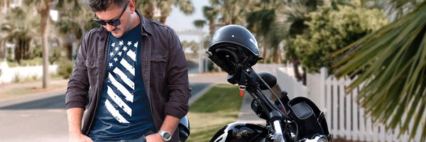 Men in American Life T-Shirt on motorcycle