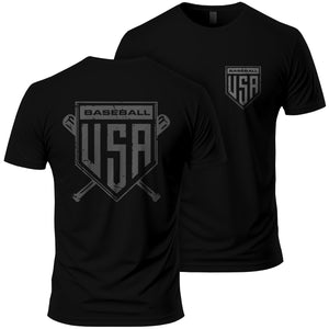 Black t-shirt with 'Baseball USA' logo on front and back