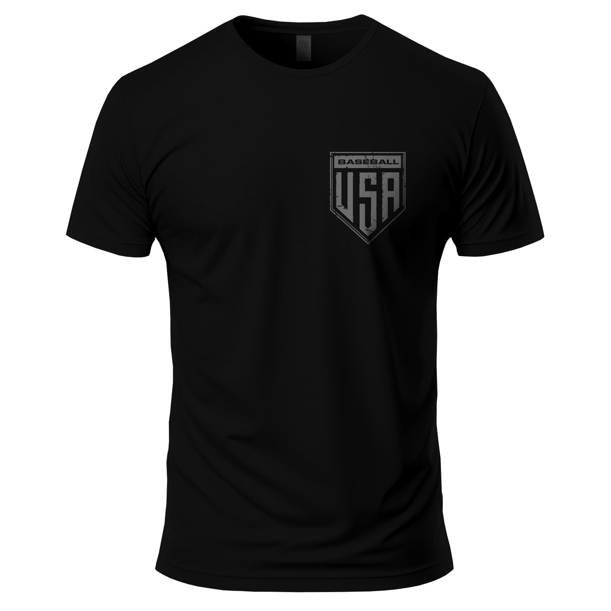 Black t-shirt with 'Baseball USA' logo on a white background