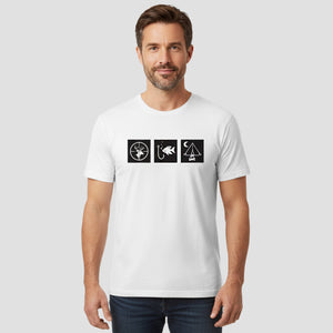 Man wearing a white t-shirt with black graphic designs on a light gray background