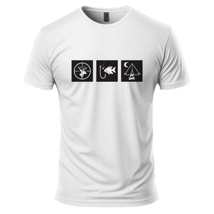 White t-shirt with black graphic designs on a white background