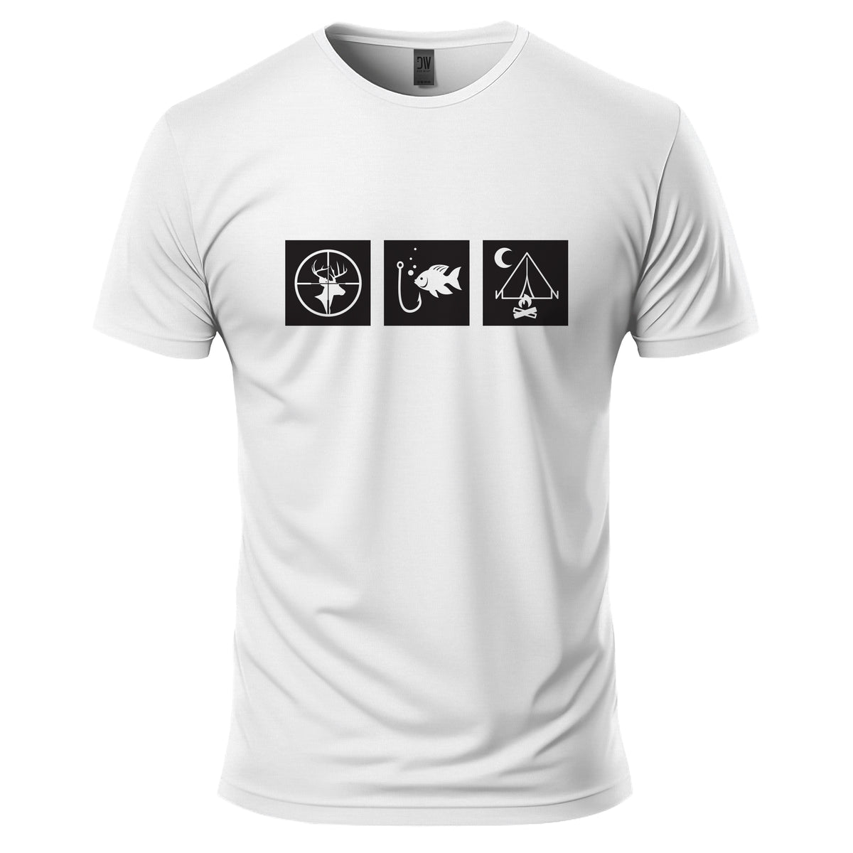 White t-shirt with black graphic designs on a white background