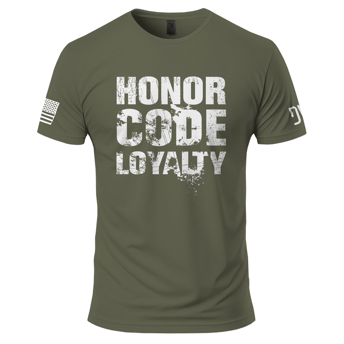 Green t-shirt with 'Honor Code Loyalty' text on a white background