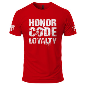 Red t-shirt with 'Honor Code Loyalty' text on a white background