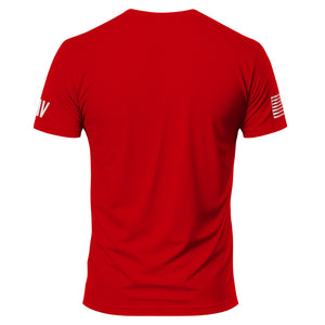 Red t-shirt with white text and logos on a white background