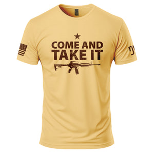 Yellow t-shirt with 'COME AND TAKE IT' text and rifle graphic on a white background
