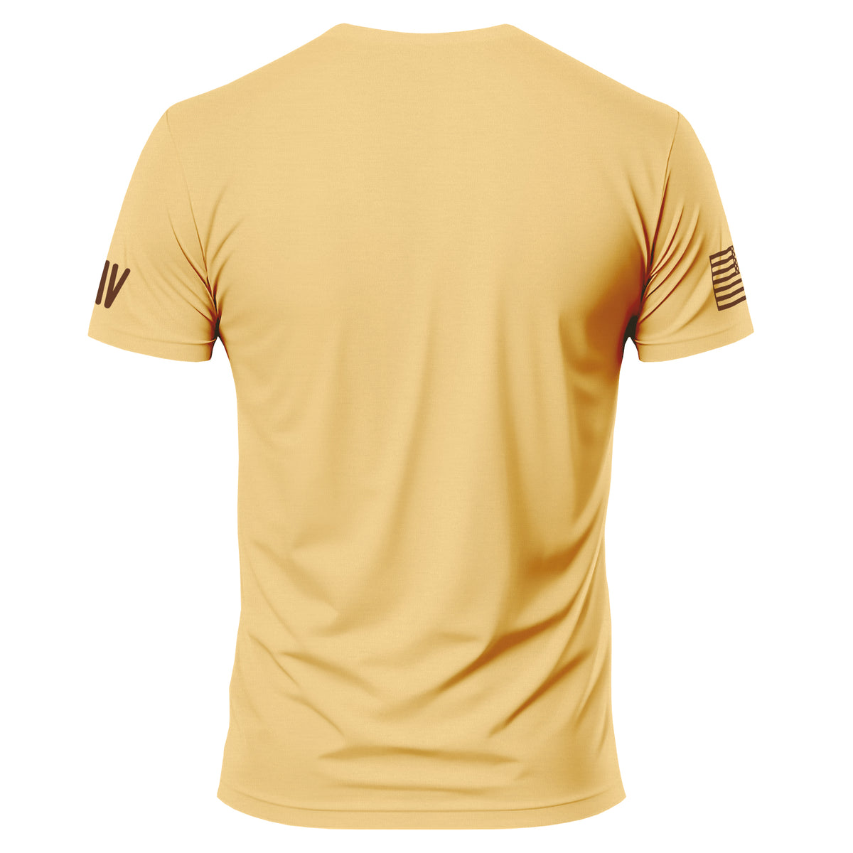 Yellow t-shirt with branding on sleeves against a white background