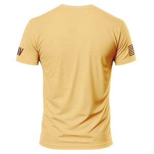 Yellow t-shirt with branding on sleeves against a white background