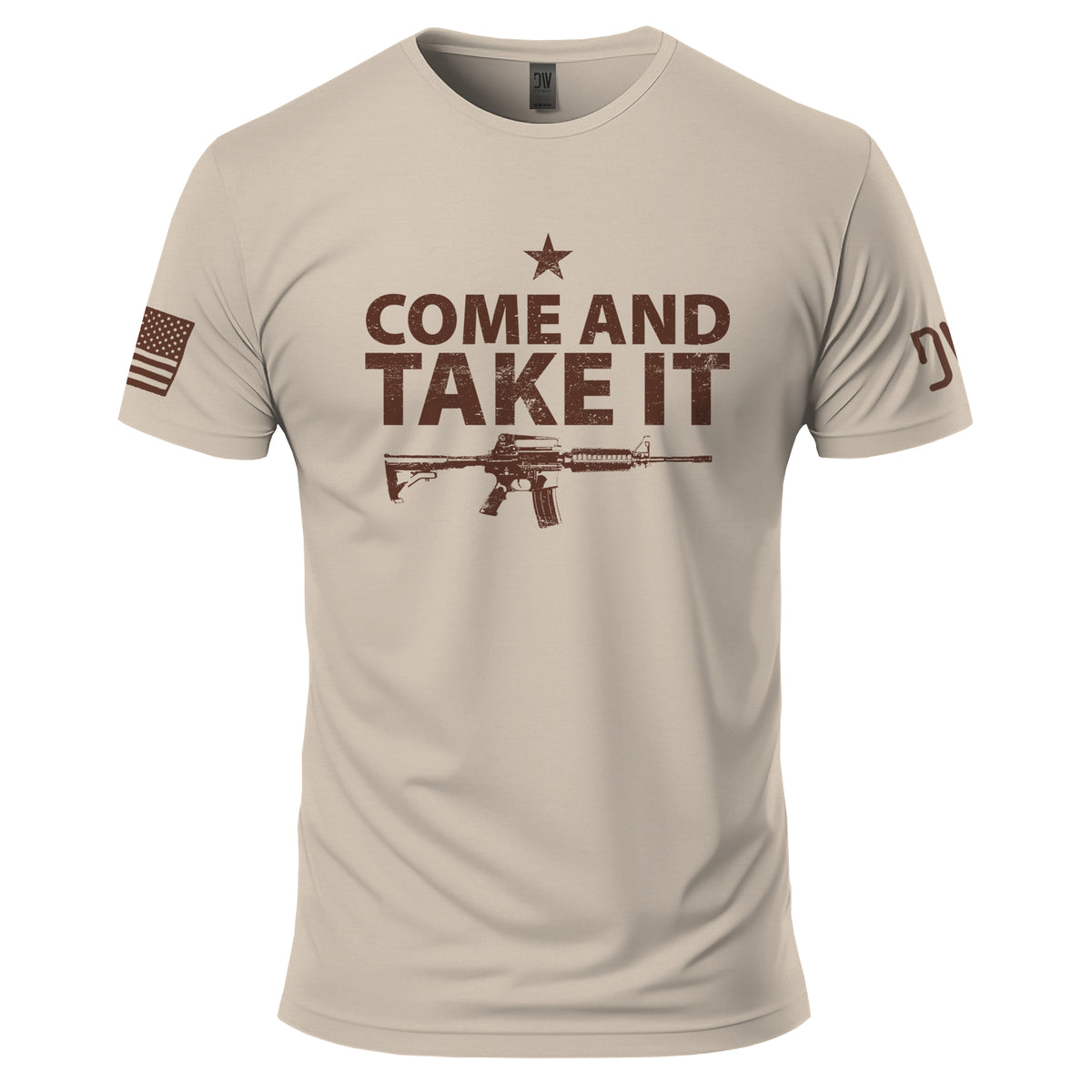 Beige t-shirt with 'Come and Take It' text and rifle graphic on a white background