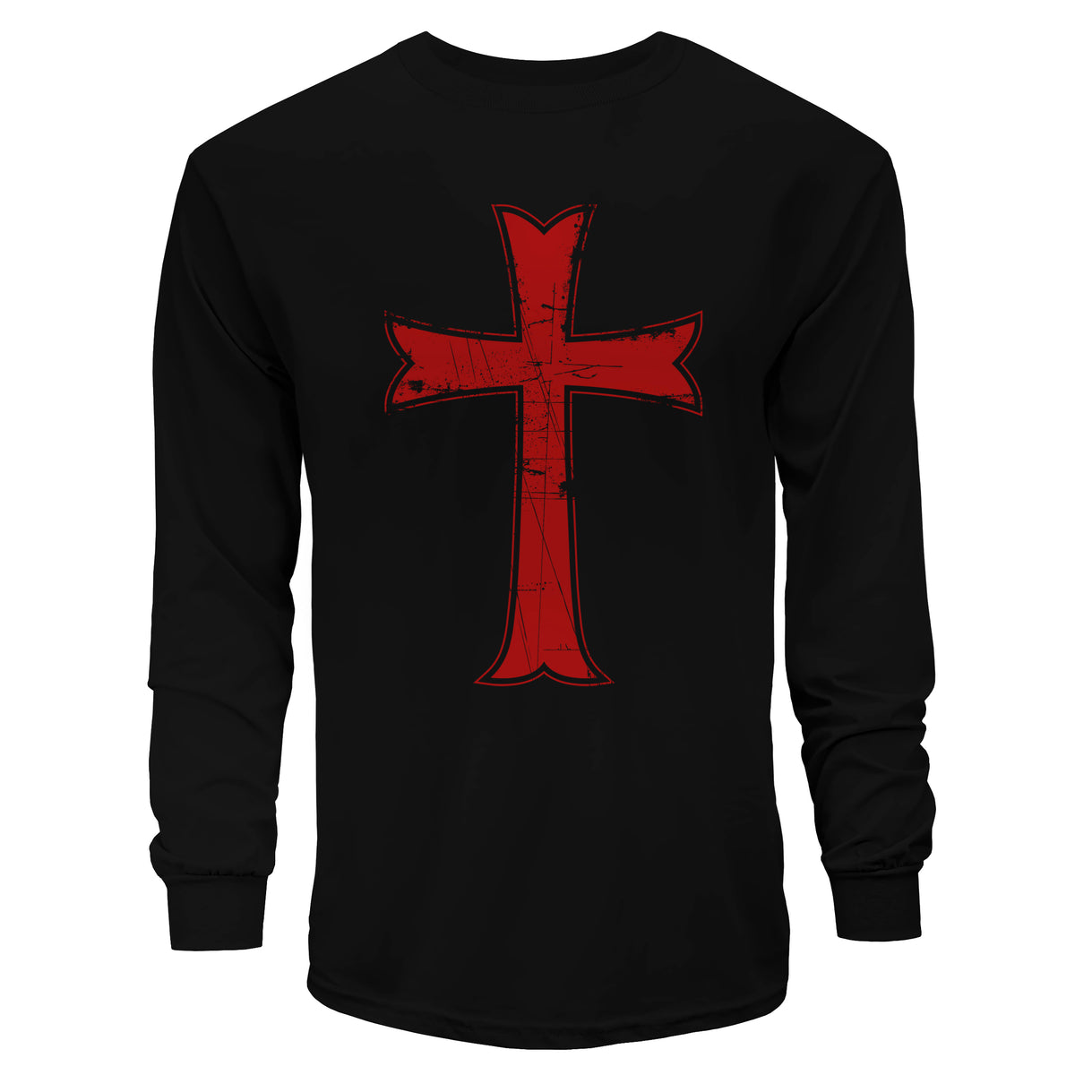 Black long-sleeve shirt with a red cross design on a white background