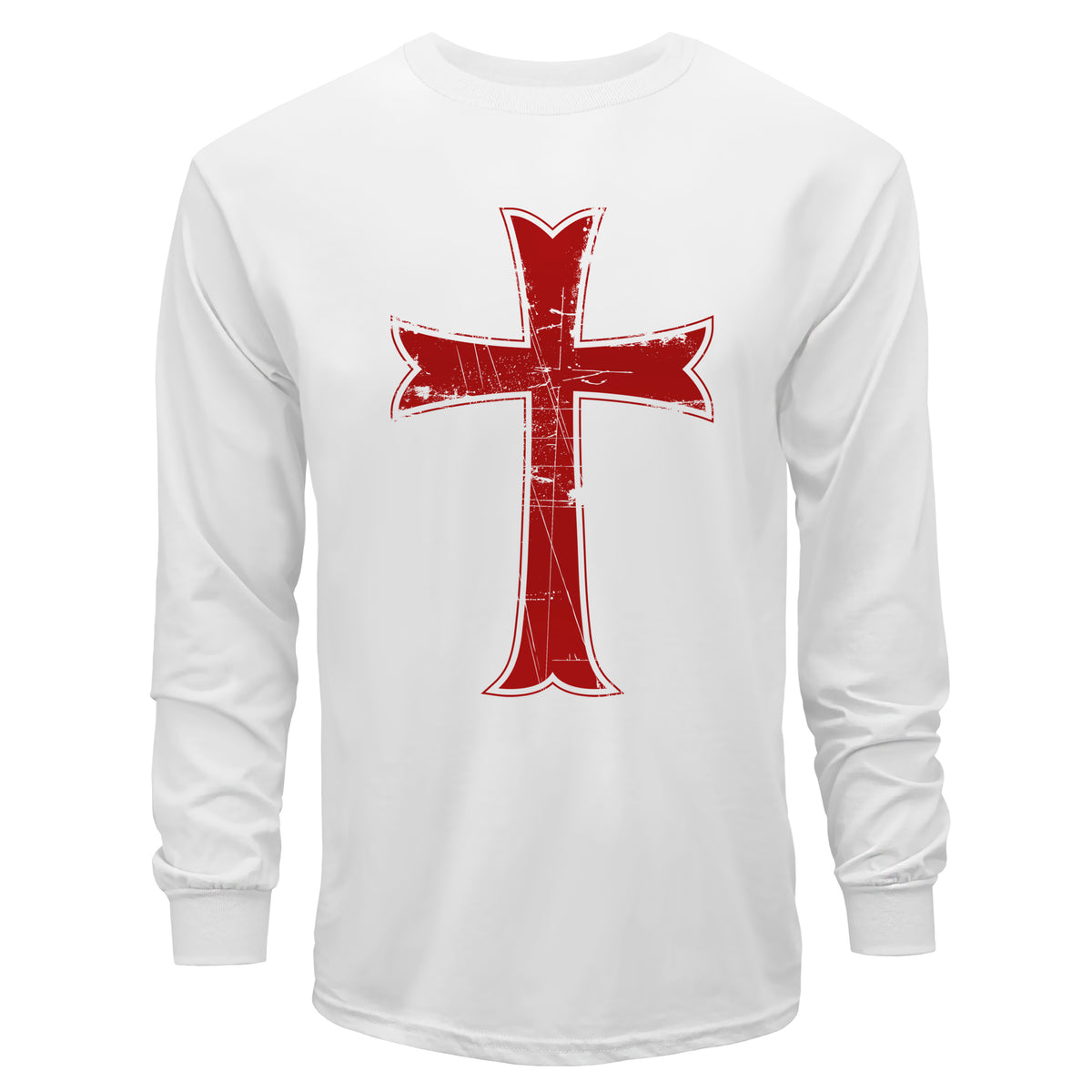 White long-sleeve shirt with a red cross design on a white background