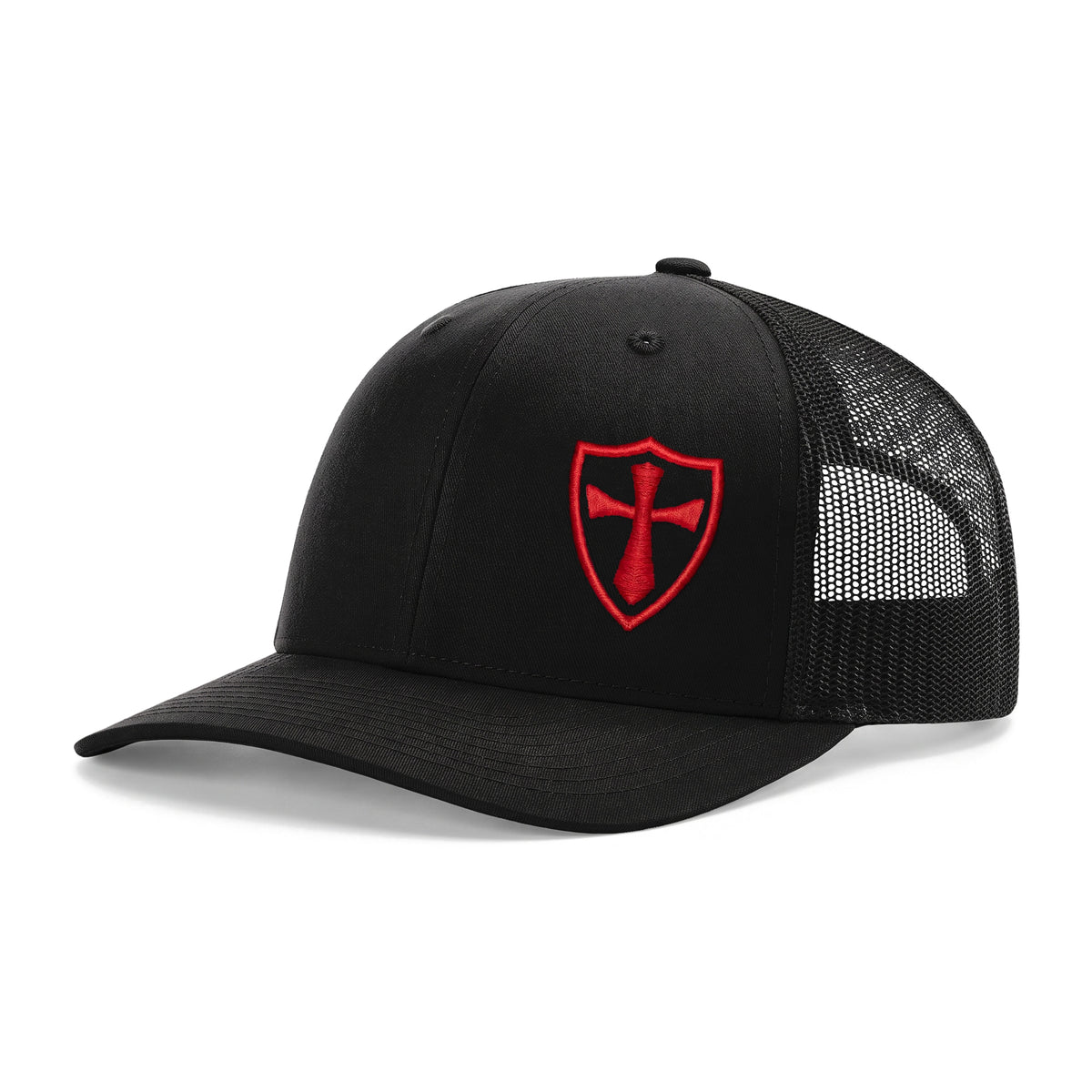 Crusader Cross snapback trucker hat in black with red 3D puff Crusader shield embroidery, Richardson 112 three-quarter front view