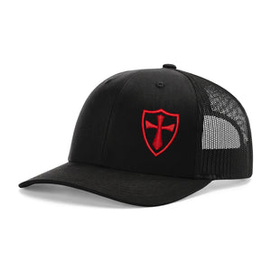 Crusader Cross snapback trucker hat in black with red 3D puff Crusader shield embroidery, Richardson 112 three-quarter front view