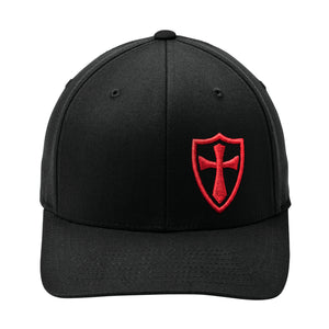 Crusader Cross Stretch Fit Cap in Black / Red, straight-on front view: raised red Crusader shield and cross centered on the front seam above the curved bill