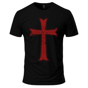 Crusader Cross T-Shirt in Black, front view: red distressed Crusader cross printed on the front