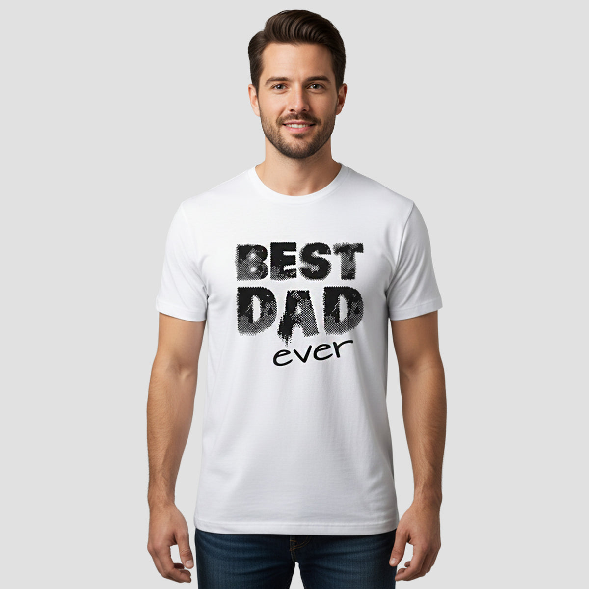 Man wearing a white t-shirt with 'BEST DAD ever' text on a plain background