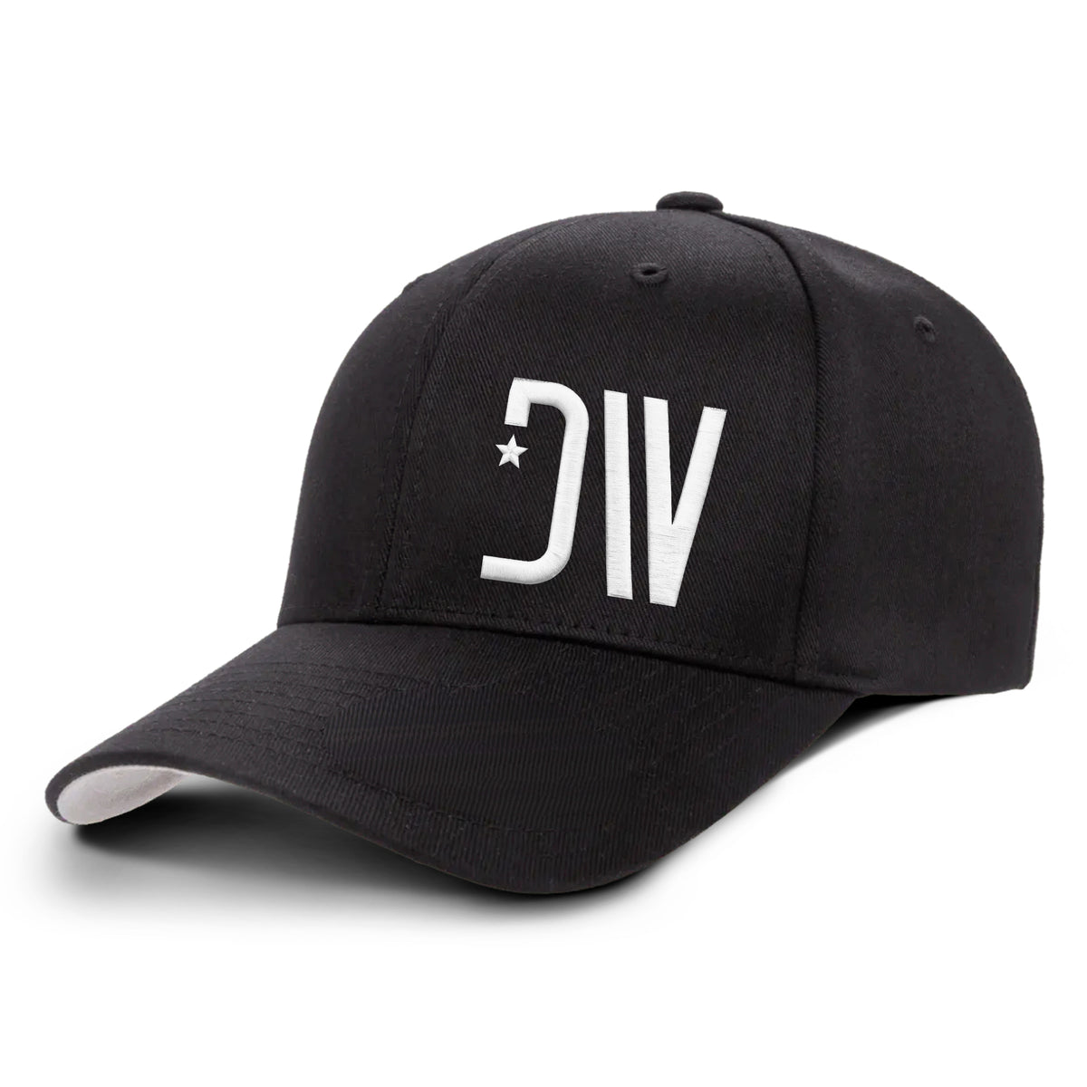Dion Wear Logo Stretch Fit Cap in Black / White: black cap with the white 3D puff DW star monogram on the left front panel, front three-quarter view