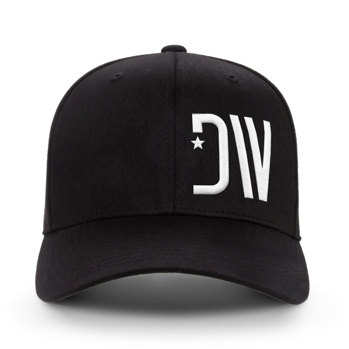 Dion Wear Logo Stretch Fit Cap in Black / White, straight-on front view: raised white DW star monogram on the left front panel beside the centre seam, curved bill
