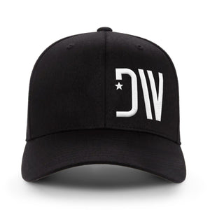 Dion Wear Logo Stretch Fit Cap in Black / White, straight-on front view: raised white DW star monogram on the left front panel beside the centre seam, curved bill