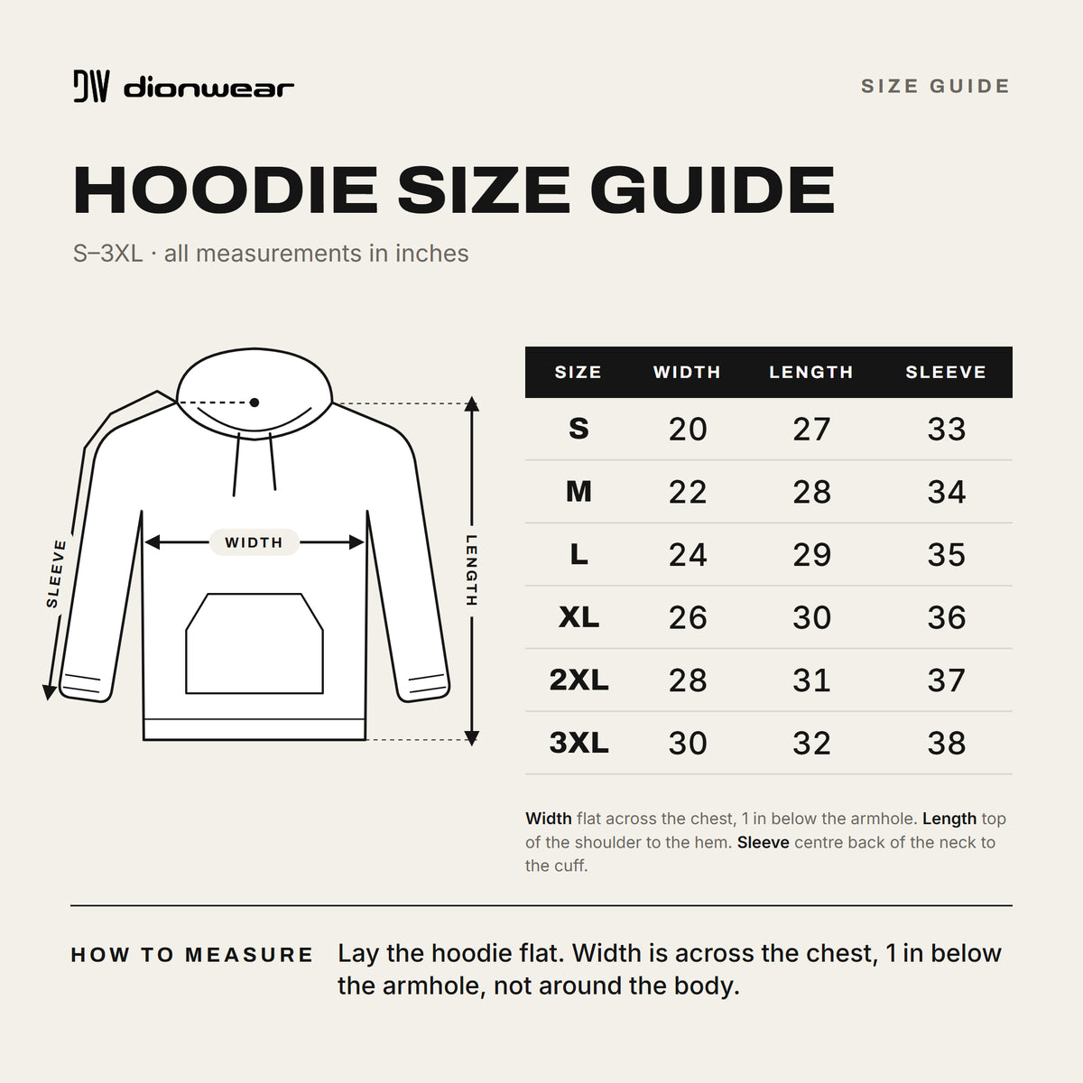 Dion Wear men's hoodie size guide: flat chest width, body length and sleeve length in inches for sizes S to 3XL