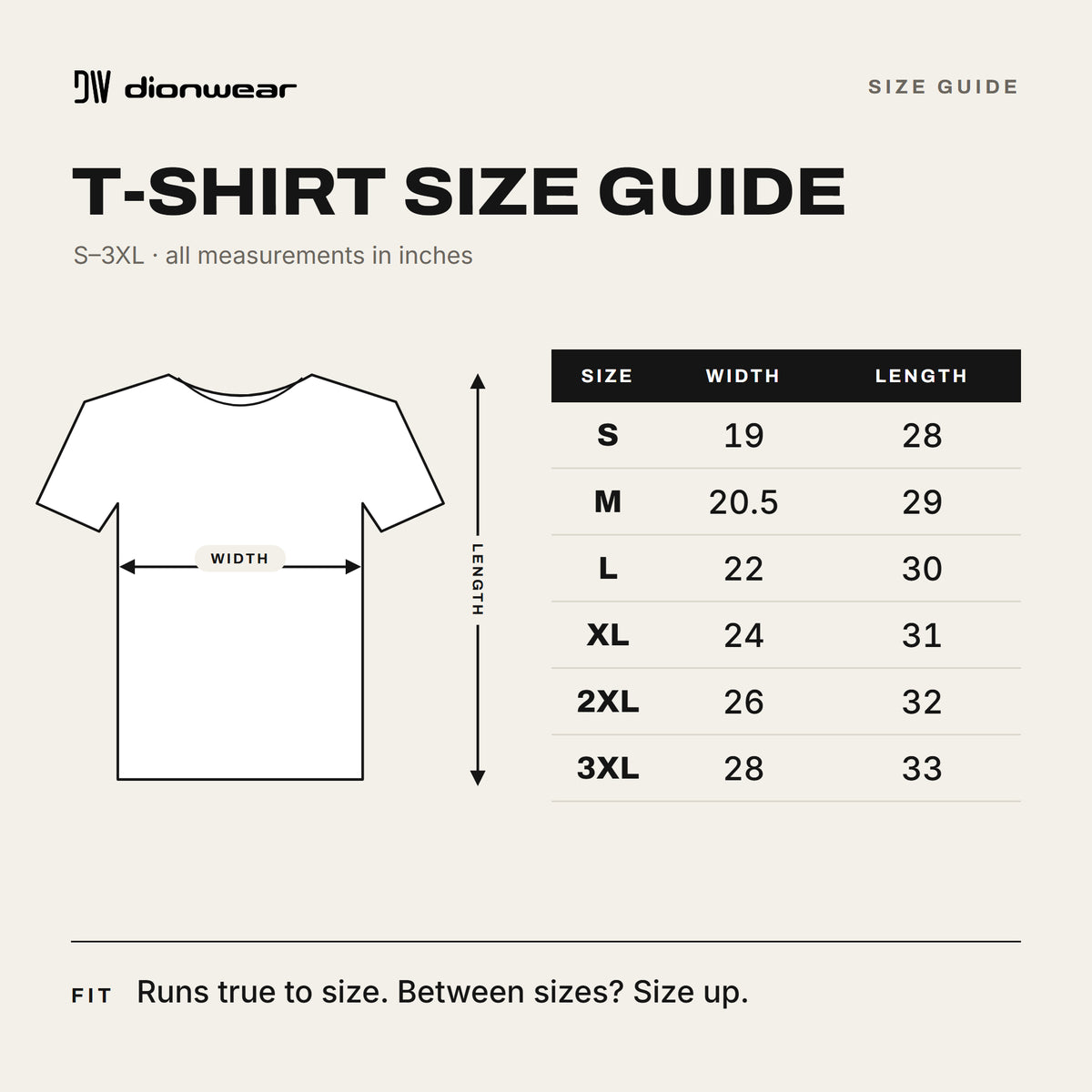 Dion Wear men's T-shirt size chart, sizes S to 3XL, chest width and body length in inches