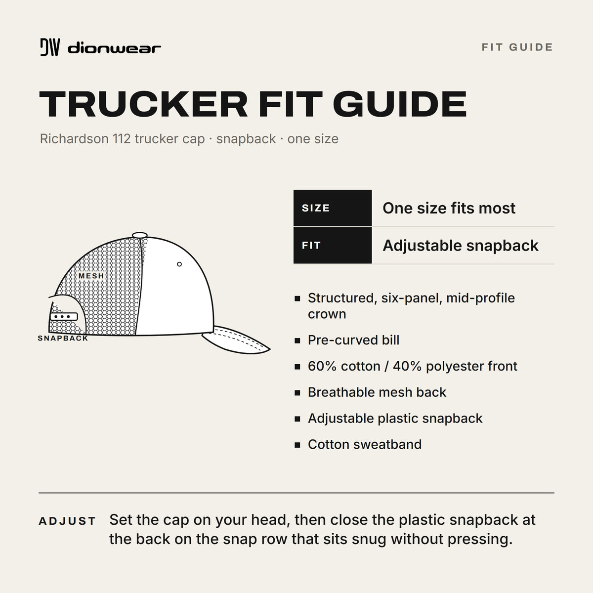 Dion Wear trucker fit guide for the Richardson 112 snapback: one size fits most, structured six-panel crown, pre-curved bill, mesh back